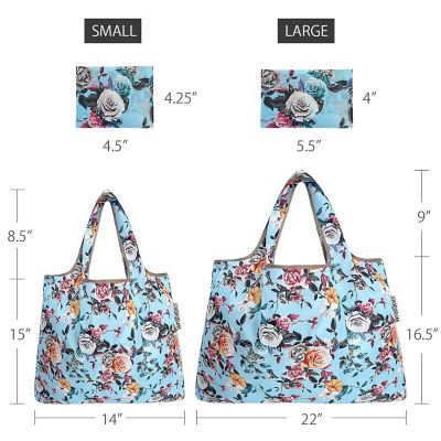 Wrapables Large & Small Foldable Tote Nylon Reusable Grocery Bags, Set of 2, Roses on Blue Image 1