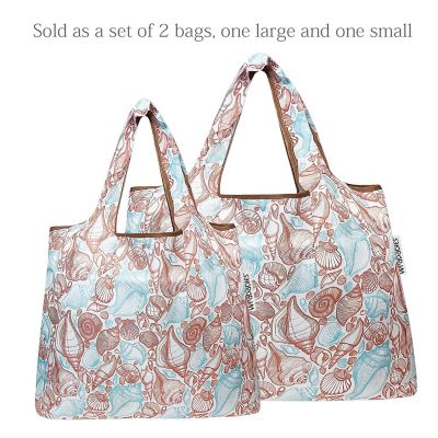 Wrapables Large & Small Foldable Tote Nylon Reusable Grocery Bags, Set of 2, Seashells Image 2
