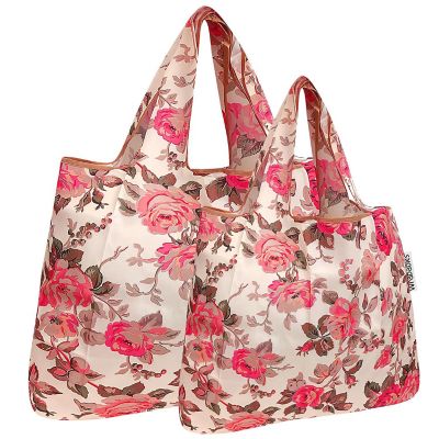 Wrapables Large & Small Foldable Tote Nylon Reusable Grocery Bags, Set of 2, Sunset Roses Image 1