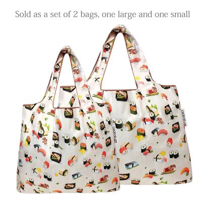 Wrapables Large & Small Foldable Tote Nylon Reusable Grocery Bags, Set of 2, Sushi Image 2