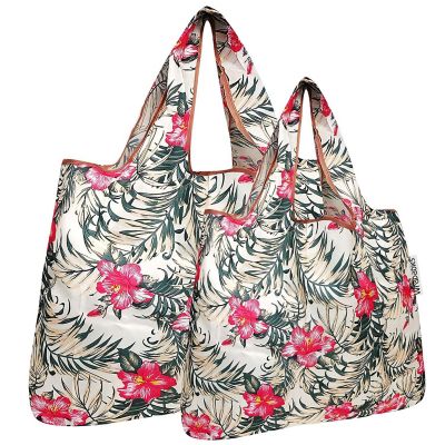 Wrapables Large & Small Foldable Tote Nylon Reusable Grocery Bags, Set of 2, Tropica Pink Floral Image 1