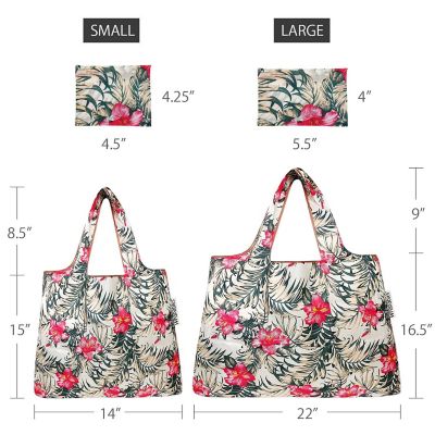 Wrapables Large & Small Foldable Tote Nylon Reusable Grocery Bags, Set of 2, Tropica Pink Floral Image 1