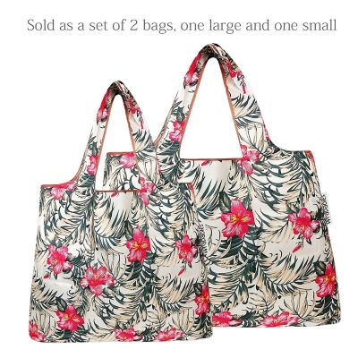 Wrapables Large & Small Foldable Tote Nylon Reusable Grocery Bags, Set of 2, Tropica Pink Floral Image 2