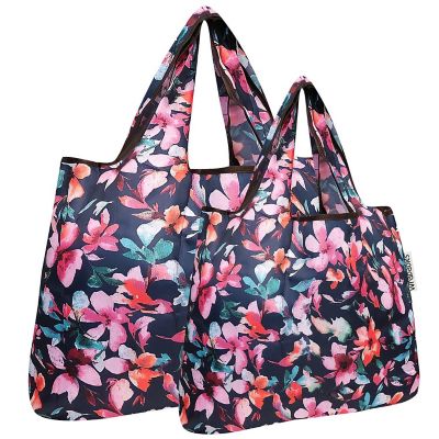 Wrapables Large & Small Foldable Tote Nylon Reusable Grocery Bags, Set of 2, Tropical Flowers Image 1
