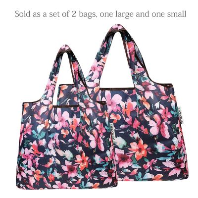 Wrapables Large & Small Foldable Tote Nylon Reusable Grocery Bags, Set of 2, Tropical Flowers Image 2