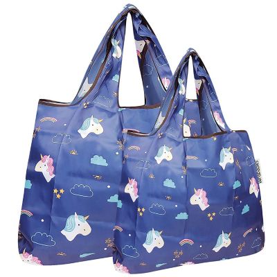 Wrapables Large & Small Foldable Tote Nylon Reusable Grocery Bags, Set of 2, Unicorns & Rainbows Image 1