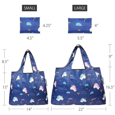 Wrapables Large & Small Foldable Tote Nylon Reusable Grocery Bags, Set of 2, Unicorns & Rainbows Image 1