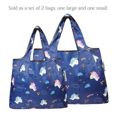 Wrapables Large & Small Foldable Tote Nylon Reusable Grocery Bags, Set of 2, Unicorns & Rainbows Image 2