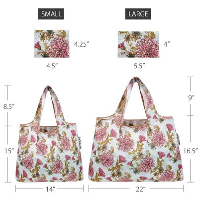 Wrapables Large & Small Foldable Tote Nylon Reusable Grocery Bags, Set of 2, Vintage Chrysanthemums Image 1