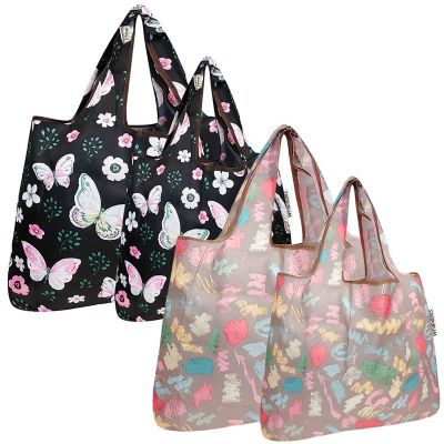 Wrapables Large & Small Foldable Tote Nylon Reusable Grocery Bags, Set of 4, Butterflies & Doodles Image 1