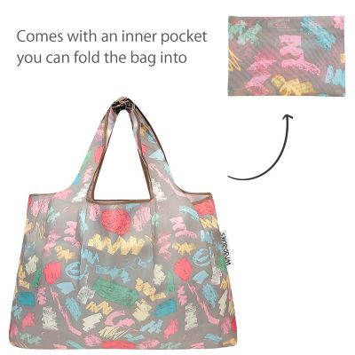Wrapables Large &amp; Small Foldable Tote Nylon Reusable Grocery Bags, Set of 4, Butterflies &amp; Doodles Image 3