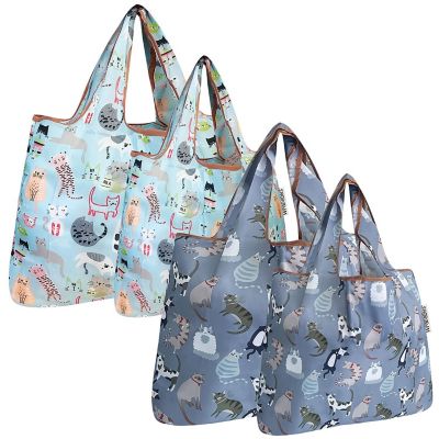 Wrapables Large & Small Foldable Tote Nylon Reusable Grocery Bags, Set of 4, Cool Cats & Felines Image 1