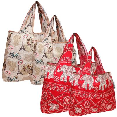 Wrapables Large & Small Foldable Tote Nylon Reusable Grocery Bags, Set of 4, Elephants & Paris Image 1