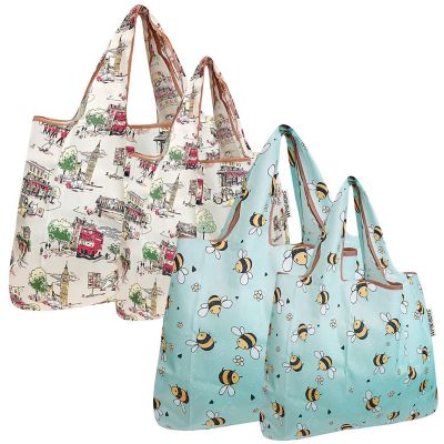 Wrapables Large & Small Foldable Tote Nylon Reusable Grocery Bags, Set of 4, England & Bees Image 1