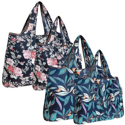 Wrapables Large & Small Foldable Tote Nylon Reusable Grocery Bags, Set of 4, Flowers & Leaves Image 1