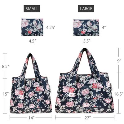 Wrapables Large & Small Foldable Tote Nylon Reusable Grocery Bags, Set of 4, Flowers & Leaves Image 1