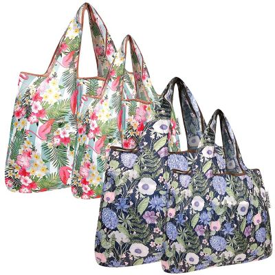 Wrapables Large & Small Foldable Tote Nylon Reusable Grocery Bags, Set of 4, Lavender & Tropical Flowers Image 1