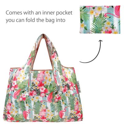 Wrapables Large & Small Foldable Tote Nylon Reusable Grocery Bags, Set of 4, Lavender & Tropical Flowers Image 3
