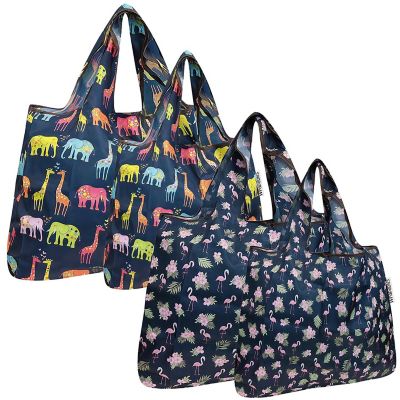 Wrapables Large & Small Foldable Tote Nylon Reusable Grocery Bags, Set of 4, Love Animals Flamingo Image 1