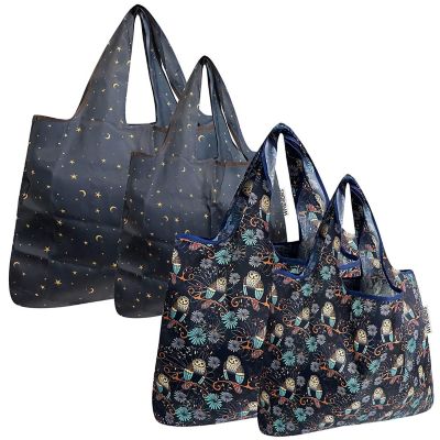 Wrapables Large & Small Foldable Tote Nylon Reusable Grocery Bags, Set of 4, Moon, Stars & Owls Image 1