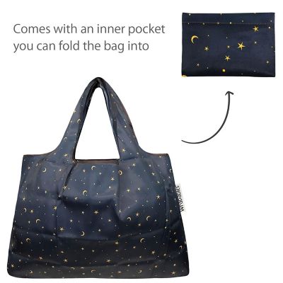 Wrapables Large & Small Foldable Tote Nylon Reusable Grocery Bags, Set of 4, Moon, Stars & Owls Image 3