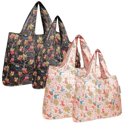 Wrapables Large & Small Foldable Tote Nylon Reusable Grocery Bags, Set of 4, Owls & Fantastic Creatures Image 1