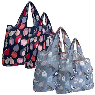Wrapables Large & Small Foldable Tote Nylon Reusable Grocery Bags, Set of 4, Stylish & Cool Kitties Image 1