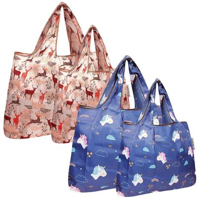 Wrapables Large & Small Foldable Tote Nylon Reusable Grocery Bags, Set of 4, Unicorns & Deer Image 1