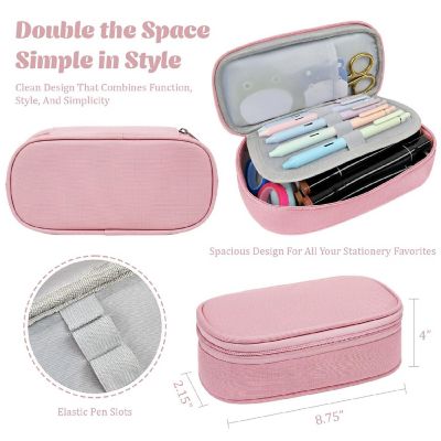 Wrapables Large Capacity Double Compartment Pencil Case, Pink Image 1