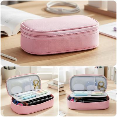 Wrapables Large Capacity Double Compartment Pencil Case, Pink Image 2