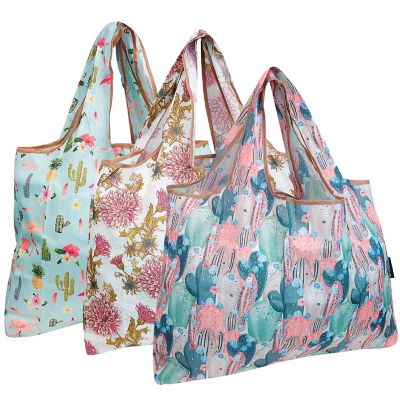 Wrapables Large Foldable Tote Nylon Reusable Grocery Bag, 3 Pack, Cacti & Chrysanthemums Image 1