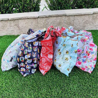 Wrapables Large Foldable Tote Nylon Reusable Grocery Bag, 3 Pack, Floral Brights Image 2