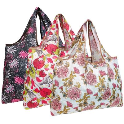 Wrapables Large Foldable Tote Nylon Reusable Grocery Bag, 3 Pack, Pink Floral Bloom Image 1