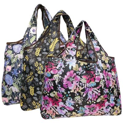 Wrapables Large Foldable Tote Nylon Reusable Grocery Bag, 3 Pack, Spring Bouquet Image 1