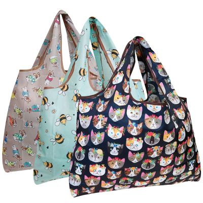 Wrapables Large Foldable Tote Nylon Reusable Grocery Bag, 3 Pack, Summer Animals Image 1