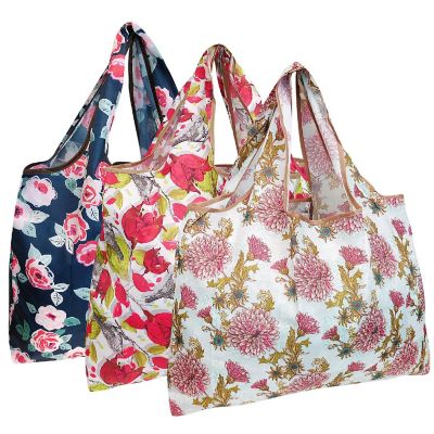 Wrapables Large Foldable Tote Nylon Reusable Grocery Bag, 3 Pack, Vintage Bloom Image 1