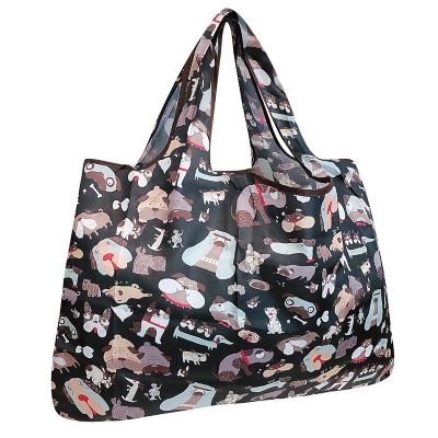 Wrapables Large Foldable Tote Nylon Reusable Grocery Bag, Black Dogs Image 1
