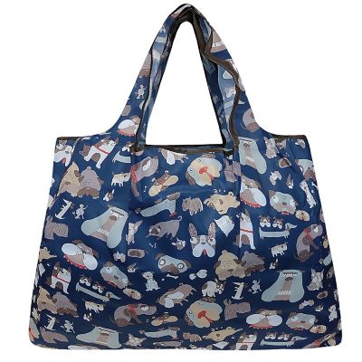 Wrapables Large Foldable Tote Nylon Reusable Grocery Bag, Navy Dogs Image 1