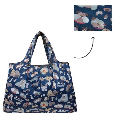 Wrapables Large Foldable Tote Nylon Reusable Grocery Bag, Navy Dogs Image 2