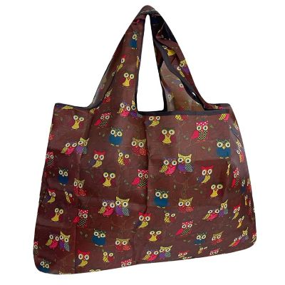 Wrapables Large Foldable Tote Nylon Reusable Grocery Bag, Owls Brown Image 1