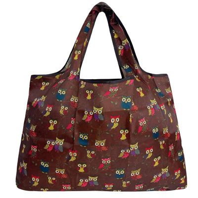 Wrapables Large Foldable Tote Nylon Reusable Grocery Bag, Owls Brown Image 1