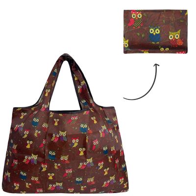 Wrapables Large Foldable Tote Nylon Reusable Grocery Bag, Owls Brown Image 3