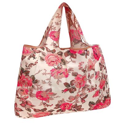 Wrapables Large Foldable Tote Nylon Reusable Grocery Bag, Pink & Khaki Roses Image 1