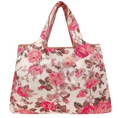 Wrapables Large Foldable Tote Nylon Reusable Grocery Bag, Pink & Khaki Roses Image 1