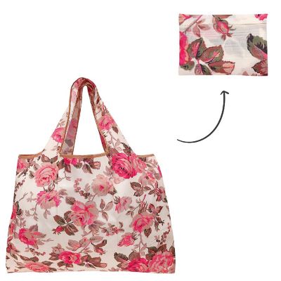 Wrapables Large Foldable Tote Nylon Reusable Grocery Bag, Pink & Khaki Roses Image 2