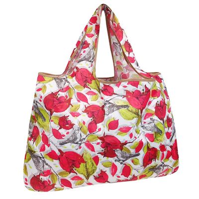 Wrapables Large Foldable Tote Nylon Reusable Grocery Bag, Red Floral with Gray Birds Image 1