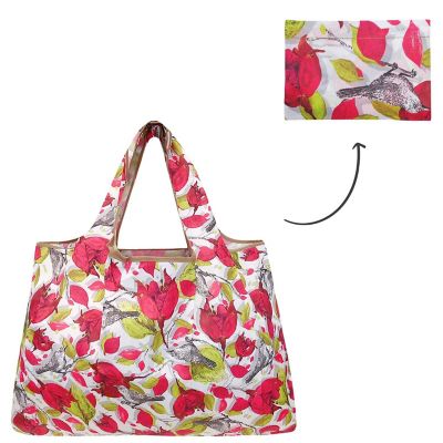 Wrapables Large Foldable Tote Nylon Reusable Grocery Bag, Red Floral with Gray Birds Image 2