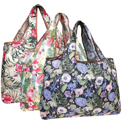Wrapables Large Foldable Tote Nylon Reusable Grocery Bags, 3 Pack, Exotic Bouquet Image 1