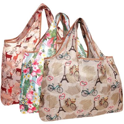 Wrapables Large Foldable Tote Nylon Reusable Grocery Bags, 3 Pack, Flamingos, Deer, Paris Image 1