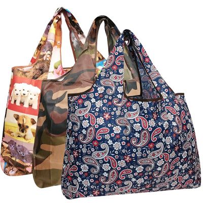 Wrapables Large Foldable Tote Nylon Reusable Grocery Bags, 3 Pack, Pets, Camo, Paisley Image 1